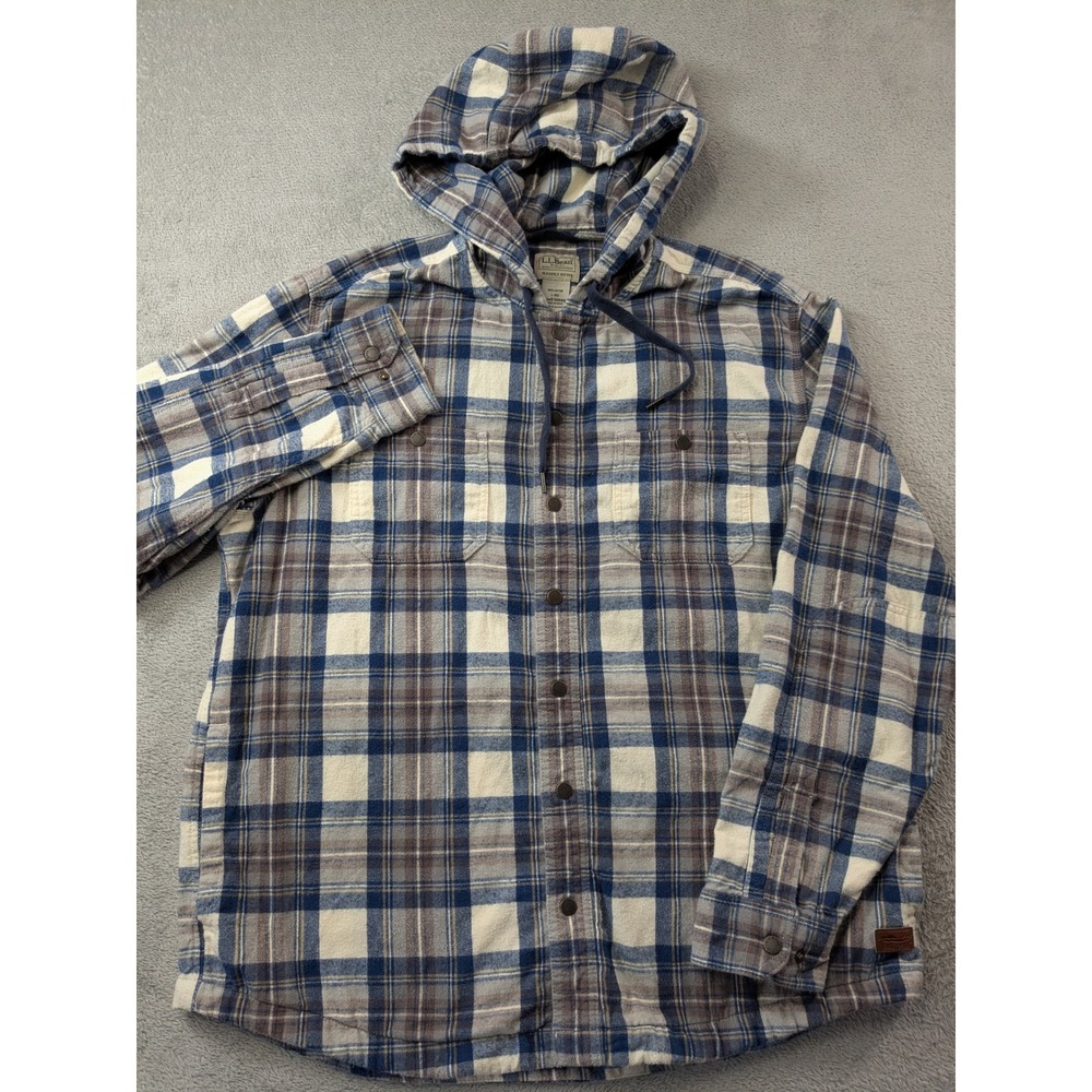 LL Bean Hooded Flannel Shirt Womens Large Blue Plaid Cotton Button Up 508169 - Picture 2 of 11